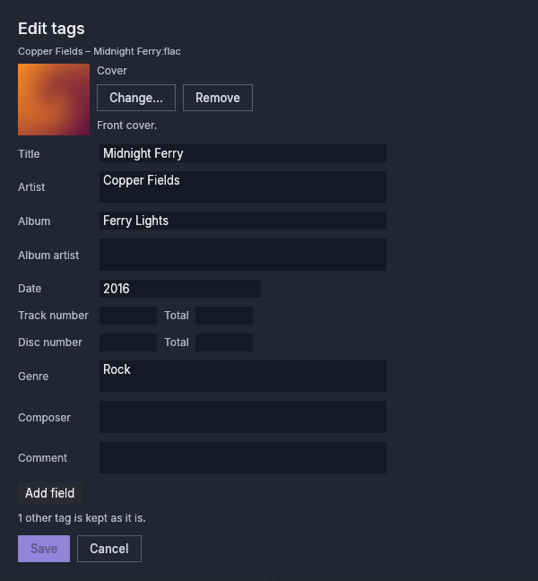 The tag editor of a FLAC file, with its cover, title, artist, album, date and genre