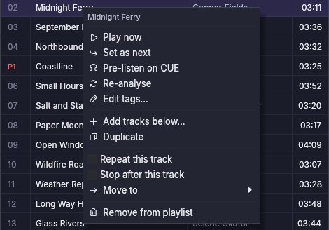 The context menu of a track