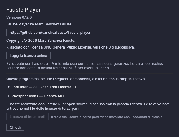 La finestra «Informazioni su Fauste Player»: versione, copyright e licenze dei componenti inclusi
