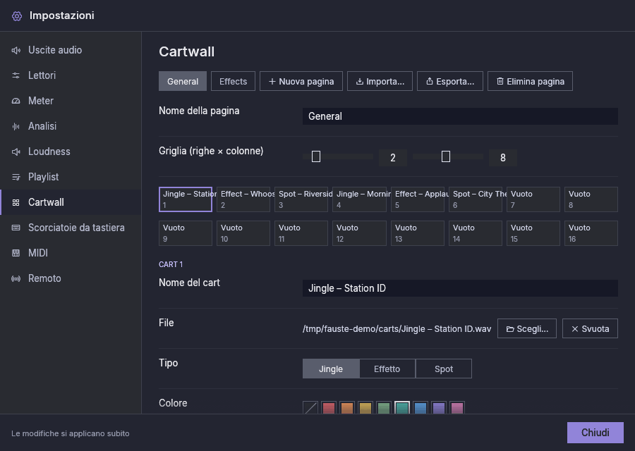 Impostazioni, Cartwall: le pagine, la griglia e l’editor del cart selezionato