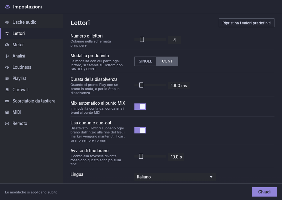 Impostazioni, Lettori: numero di lettori, modalità predefinita, durata della dissolvenza, mix automatico, cue-in e cue-out, avviso di fine brano e lingua