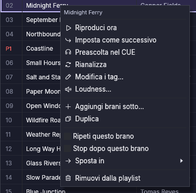 Il menu contestuale di un brano