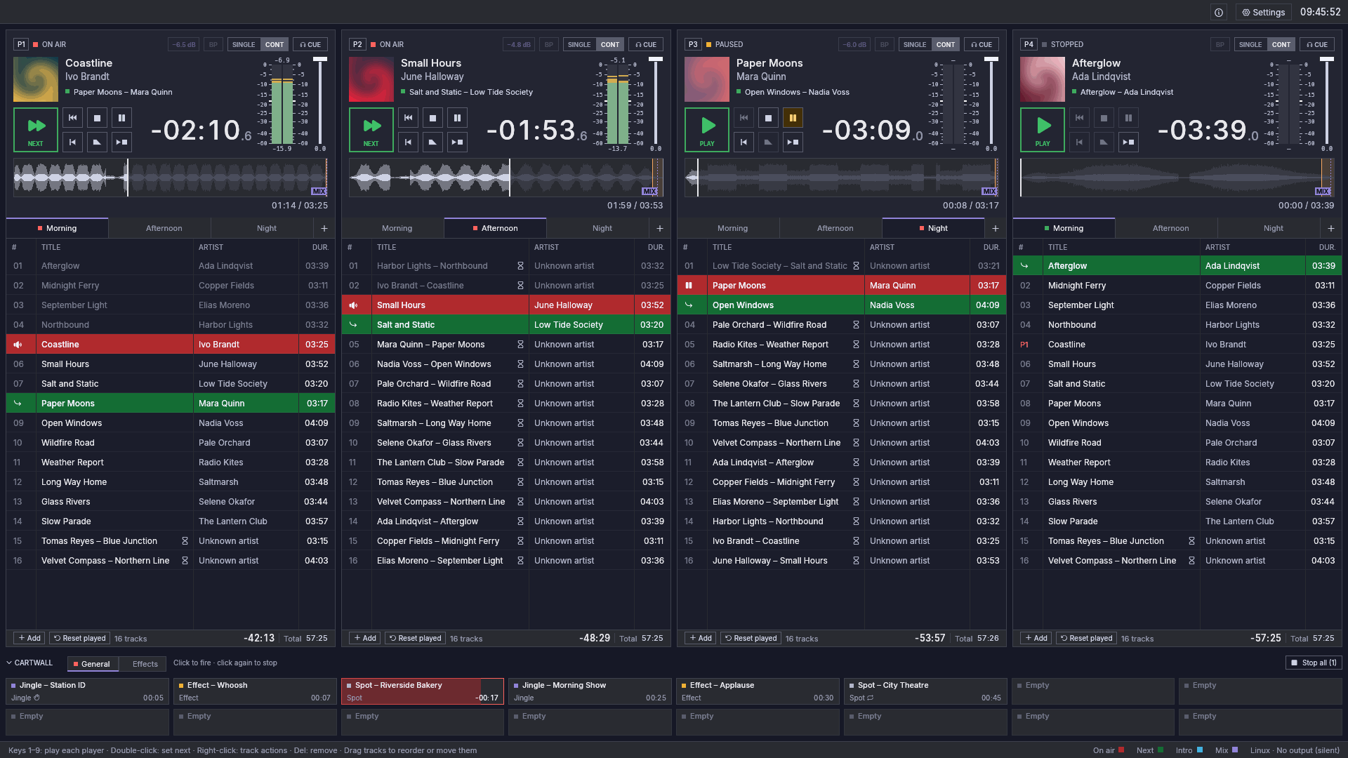 The Fauste Player main screen: four players with waveforms and playlists, and the cartwall.