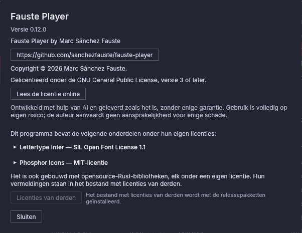Het venster Over Fauste Player: versie, copyright en de licenties van de meegeleverde onderdelen