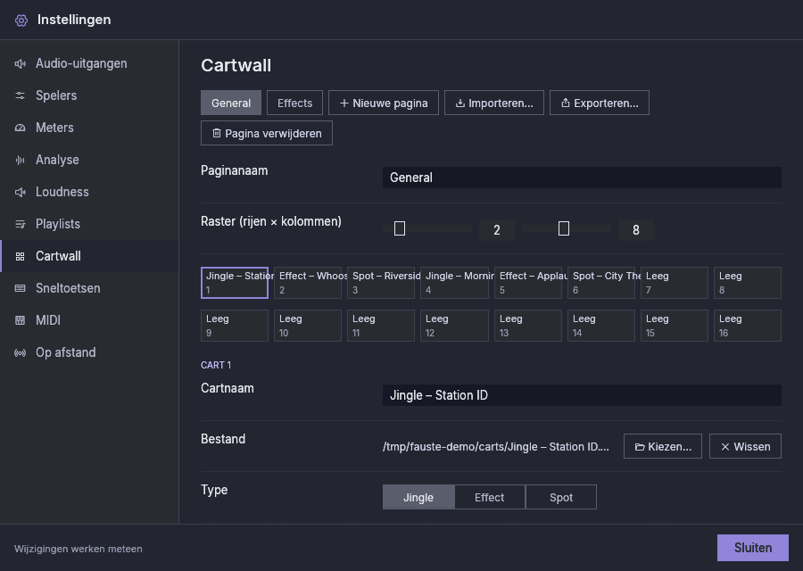Instellingen, Cartwall: de pagina’s, het raster en de editor van de geselecteerde cart