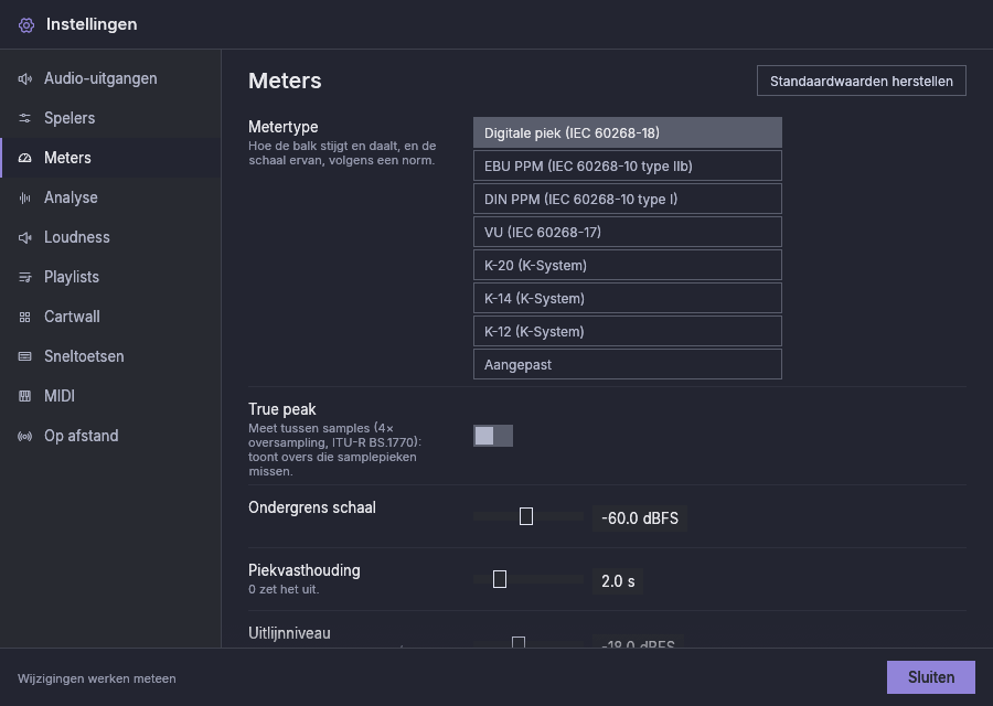 Instellingen, Meters, met de digitale piekmeter gekozen
