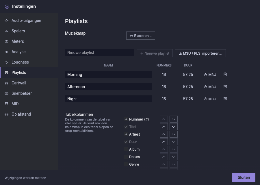 Instellingen, Playlists: de muziekmap, de playlists en de tabelkolommen