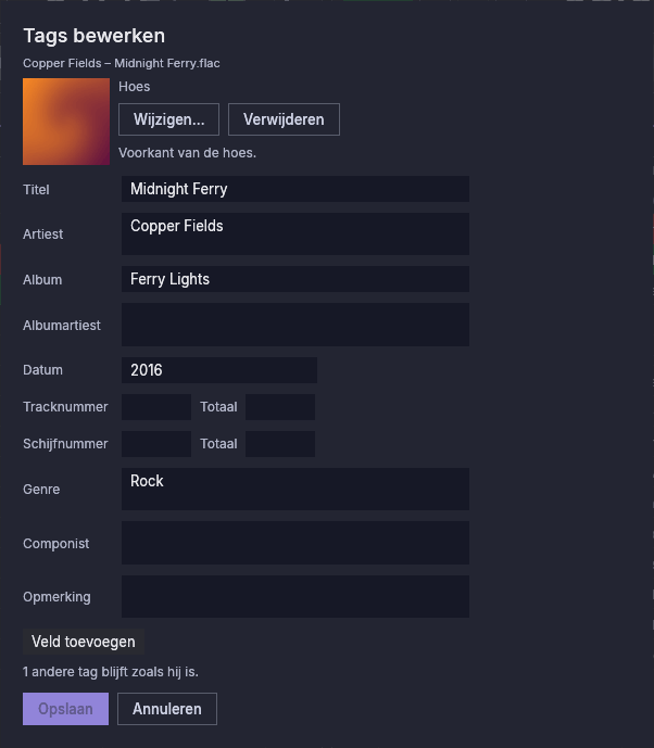 De tag-editor van een FLAC-bestand, met hoes, titel, artiest, album, datum en genre