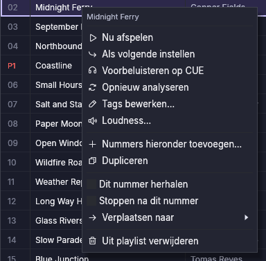 Het contextmenu van een nummer