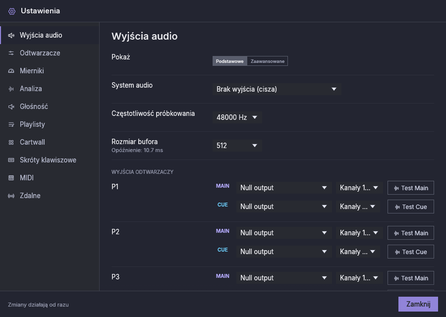 Ustawienia, Wyjścia audio, widok Podstawowe: przełącznik, system audio, częstotliwość próbkowania, rozmiar bufora oraz wyjścia Main i Cue każdego odtwarzacza (tu system cichy)