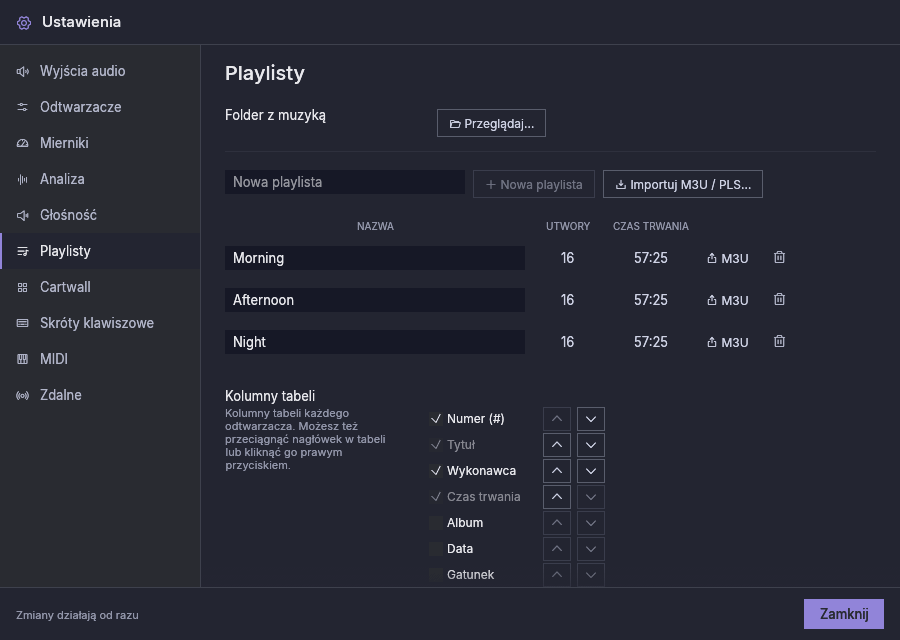 Ustawienia, Playlisty: folder z muzyką, playlisty i kolumny tabeli