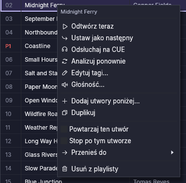 Menu kontekstowe utworu