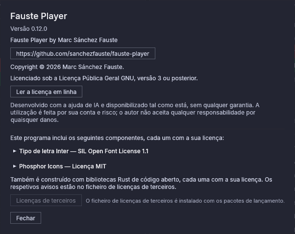 A janela Acerca de: versão, copyright e licenças dos componentes incluídos