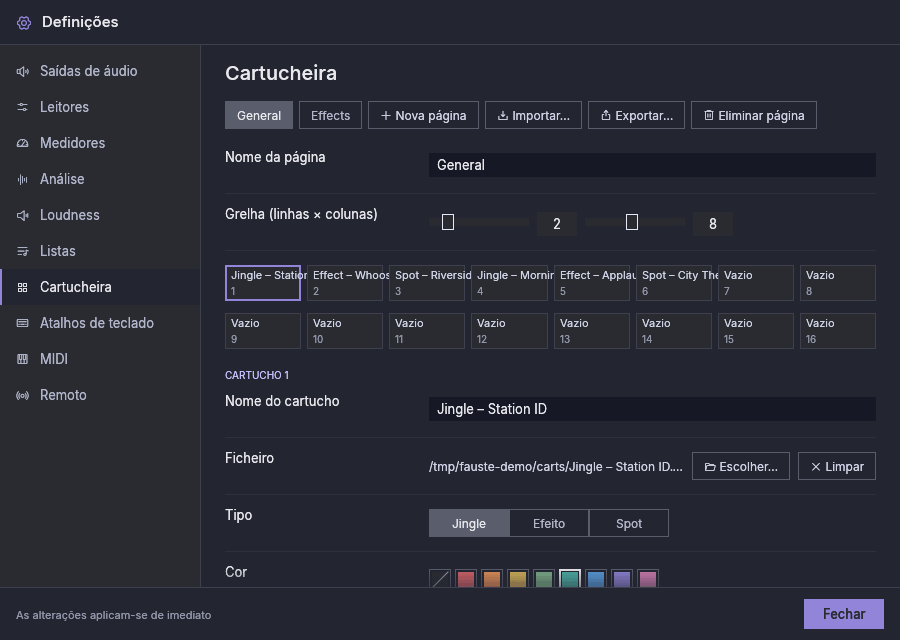 Definições, Cartucheira: as páginas, a grelha e o editor do cartucho selecionado