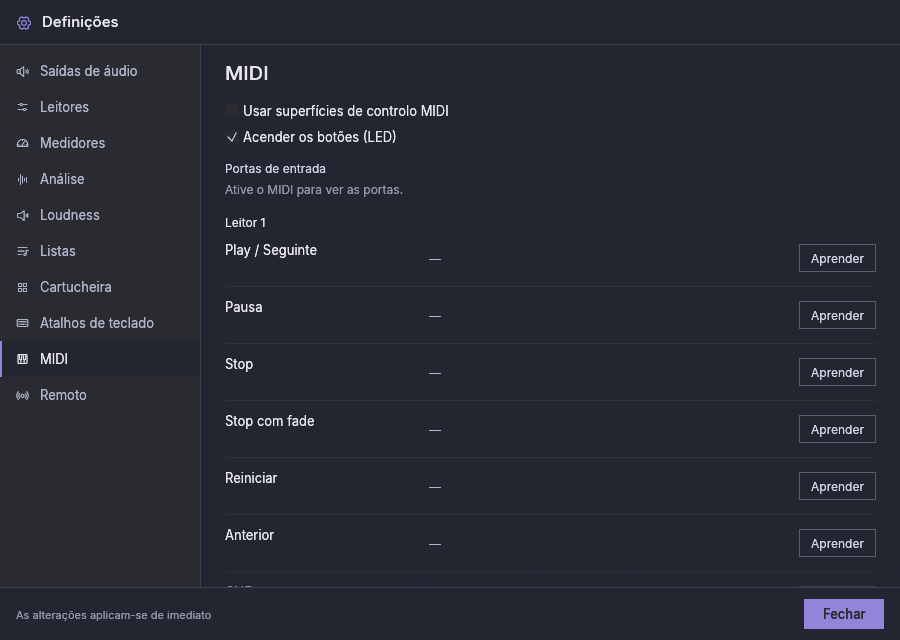 Definições, MIDI, com o controlo MIDI desativado