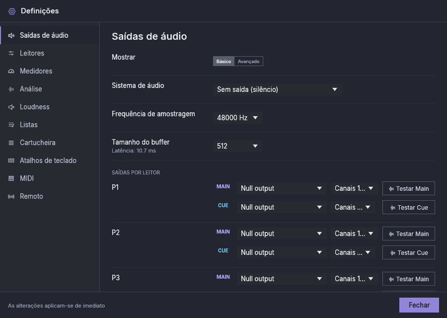 Definições, Saídas de áudio, vista Básico: o seletor, o sistema de áudio, a frequência de amostragem, o tamanho do buffer e as saídas Main e Cue de cada leitor (aqui o sistema silencioso)