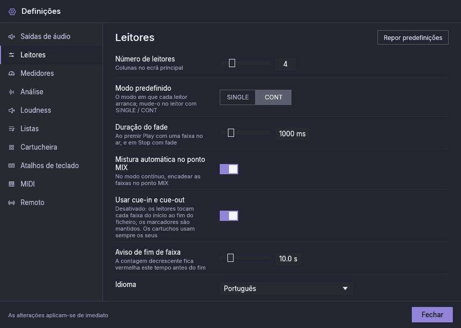 Definições, Leitores: número de leitores, modo predefinido, duração do fade, mistura automática, cue-in e cue-out, aviso de fim de faixa e idioma
