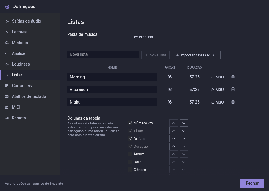 Definições, Listas: a pasta de música, as listas e as colunas da tabela