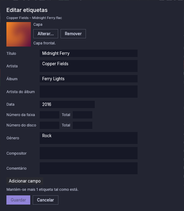 O editor de etiquetas de um ficheiro FLAC, com a sua capa, título, artista, álbum, data e género