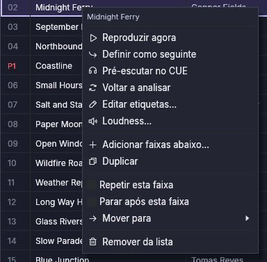 O menu de contexto de uma faixa